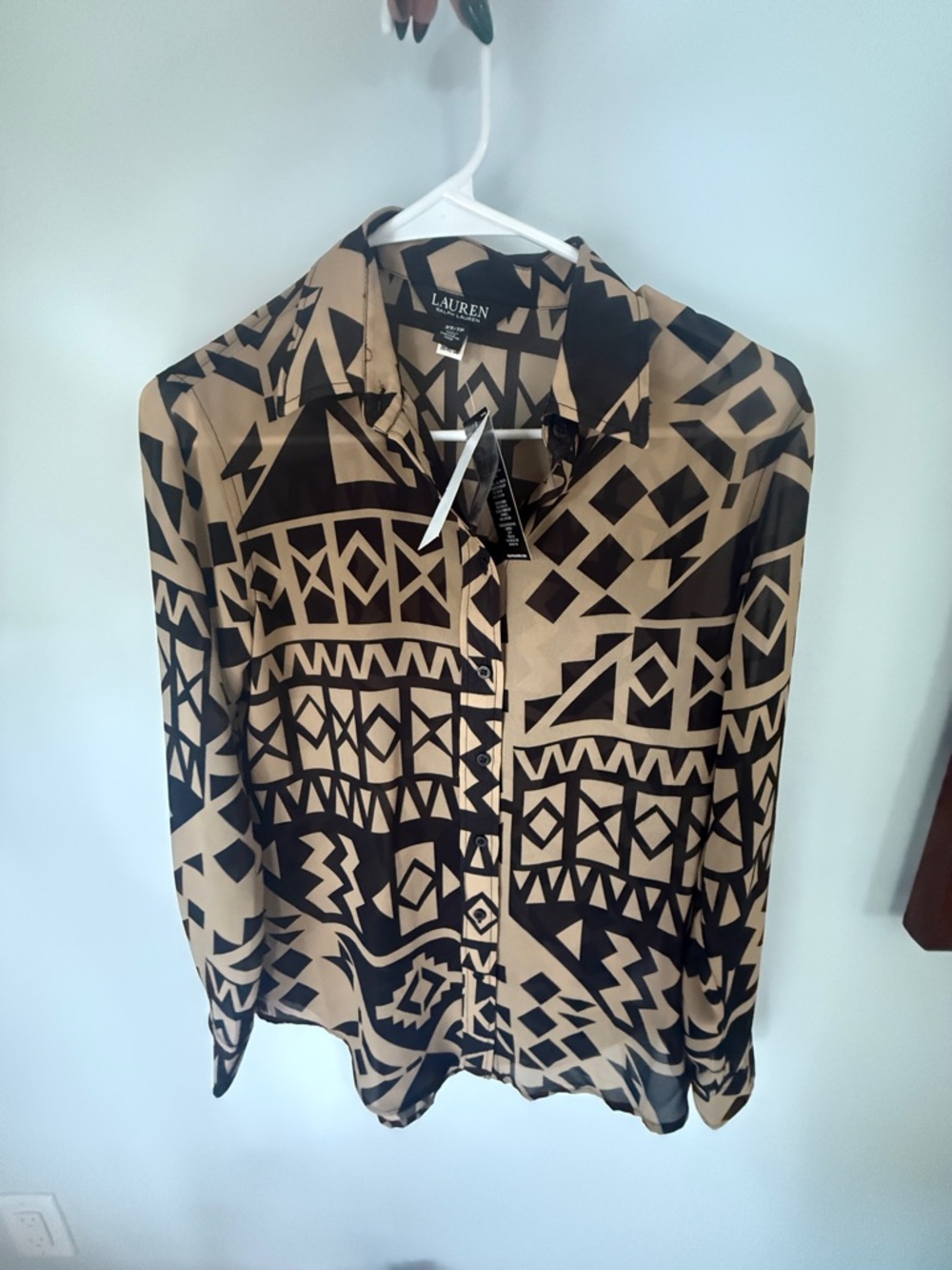 Lauren Ralph Lauren Black & Tan Geometric Silk-Feel Blouse